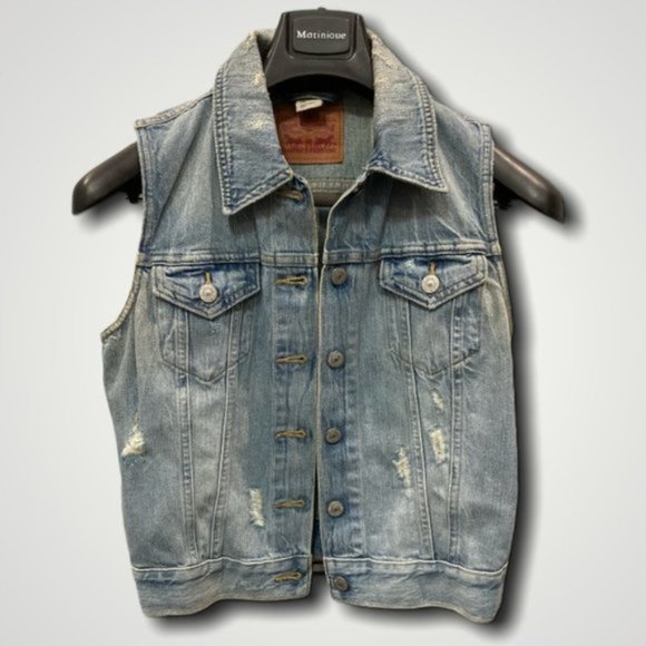 Levi's Distressed Denim Vest With eye graphics on the back - Picture 2 of 9